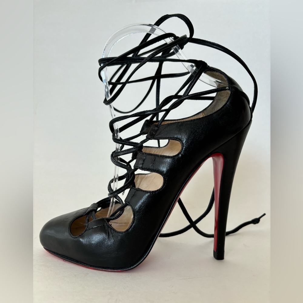 Christian Louboutin Heels 37 Black Lace Up Nappa Leather 120 mm Almond Toe